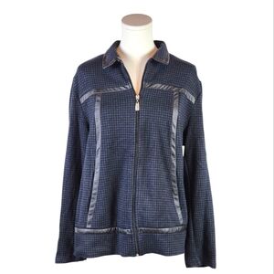 Allison Daley Zip Jacket M Houndstooth Faux Leather Trim Gray Black Career Top